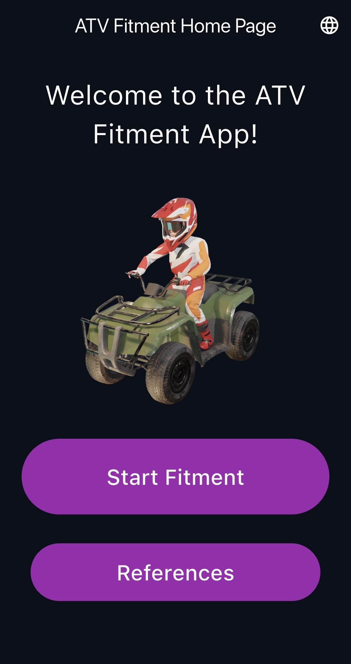 ATV Fitment app home screen — cartoon rider on green ATV with two purple buttons.