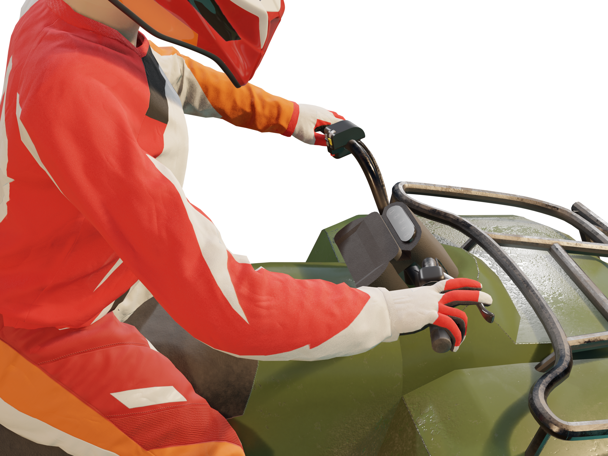 3D graphic of rider in red suit and helmet steering an ATV